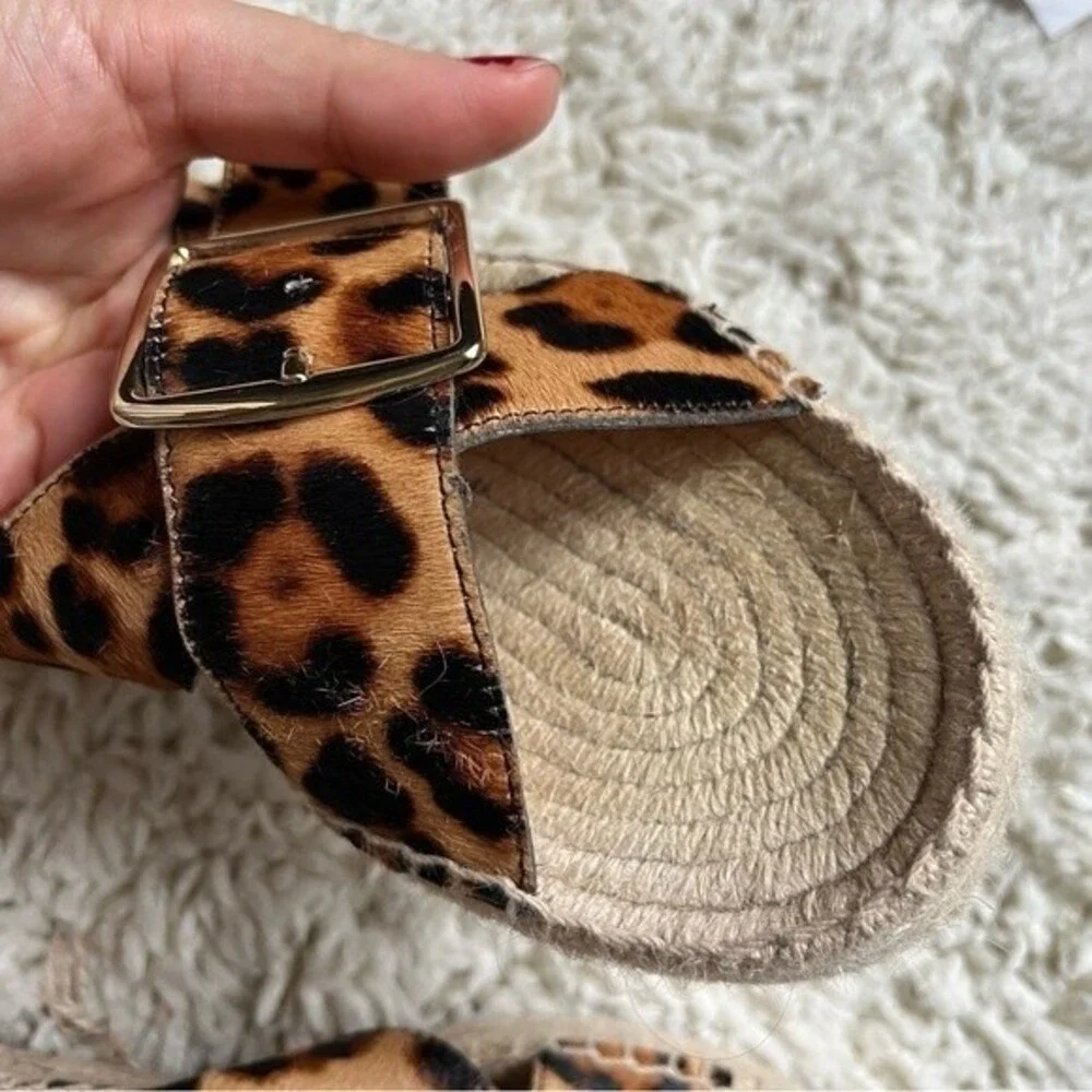 J. Crew Cross Strap Leopard Pattern Slide Espadrilles in Calf Hair 8.5 NWOB